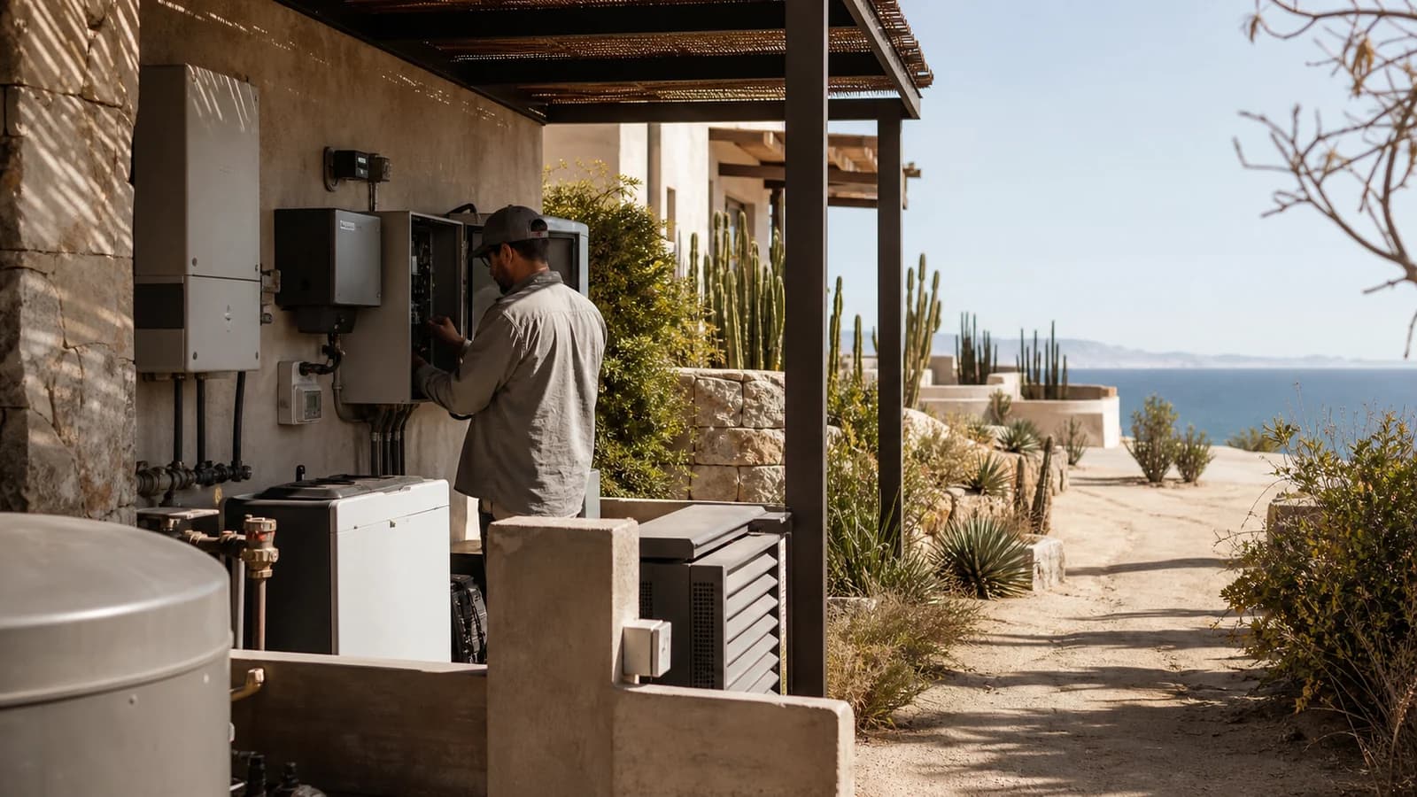 Property professional inspecting home systems at an East Cape residence