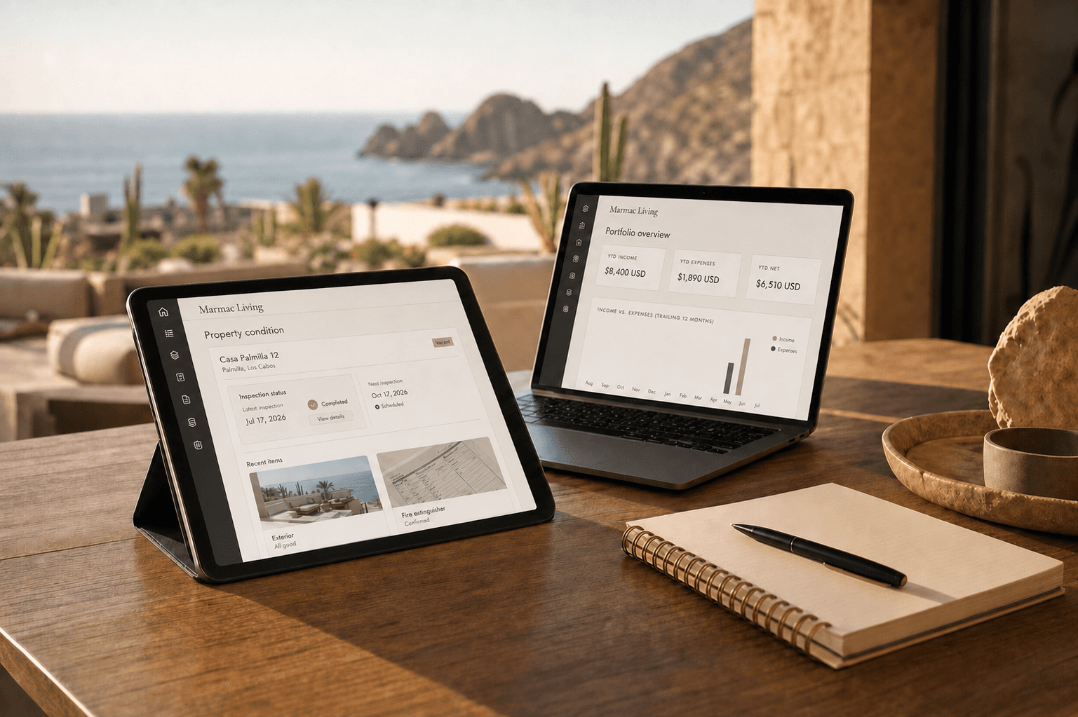 Marmac owner portal portfolio and property-condition views displayed on a laptop and tablet